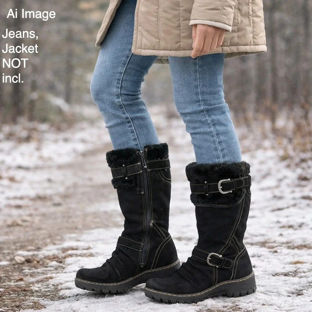 BareTraps Bakan Women 8M Black Suede Faux Fur Lined Mid Calf Boots Cozycore